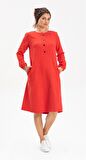 Uzun Kol Pazen Manolya Kısa  Elbise Kırmızı