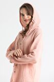Uzun Kol Müslin Kapüşonlu Sweatshirt Pudra Pdr