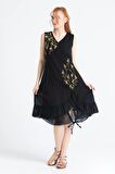 Kolsuz Vual Candan Yırtmaçlı Midi Boy Yazlık Elbise Siyah Syh