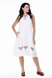 Kolsuz Şile Bezi Mehtap Midi Boy Yazlık Elbise Beyaz Byz