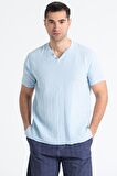 Kısa Kol Müslin Erkek Ribanalı Tshirt Buz Mavi Bmv