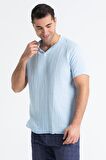 Kısa Kol Müslin Erkek Ribanalı Tshirt Buz Mavi Bmv