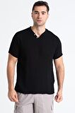 Kısa Kol Müslin Erkek Ribanalı Tshirt Siyah Syh