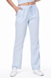 Müslin Beli Bağcıklı Çift Cepli Kadın Pantolon Buz Mavi Bmv