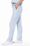 Müslin Beli Bağcıklı Çift Cepli Kadın Pantolon Buz Mavi Bmv