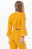 Uzun Kol Günışığı Büzgü Detaylı Yazlık Müslin Bluz Hardal Hrd