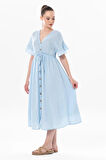 Kısa Kol Büzgülü Afra Midi Boy Yazlık Müslin Elbise Buz Mavi Bmv
