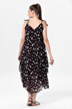 Askılı Vual Afrodit Midi Boy Yazlık Elbise Siyah 6200