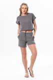 İnci Bağlamalı Yazlık Müslin Şort Gri Gri