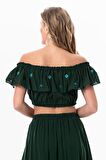 Lavinya Vual Lastik Detaylı Nakışlı Yazlık Crop Bluz Yeşil Ysl