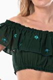 Lavinya Vual Lastik Detaylı Nakışlı Yazlık Crop Bluz Yeşil Ysl