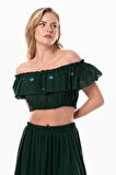 Lavinya Vual Lastik Detaylı Nakışlı Yazlık Crop Bluz Yeşil Ysl