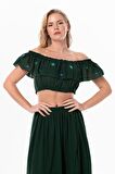 Lavinya Vual Lastik Detaylı Nakışlı Yazlık Crop Bluz Yeşil Ysl