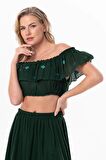 Lavinya Vual Lastik Detaylı Nakışlı Yazlık Crop Bluz Yeşil Ysl