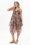 Askılı Vual Afrodit Midi Boy Yazlık Elbise Batik Kahve 6206