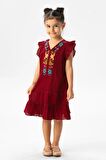 Kolsuz Şile Bezi Delfin Nakış Detaylı Yazlık Çocuk Elbise Bordo Brd