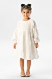 Uzun Kol İlay Yazlık Müslin Çocuk Elbise Beyaz Byz