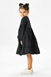 Uzun Kol İlay Yazlık Müslin Çocuk Elbise Siyah Syh
