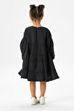 Uzun Kol İlay Yazlık Müslin Çocuk Elbise Siyah Syh