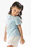 Kısa Kol Batı Cep Detaylı Yazlık Müslin Kız Çocuk Tshirt Buz Mavi Bmv