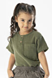 Kısa Kol Batı Cep Detaylı Yazlık Müslin Kız Çocuk Tshirt Haki Hk