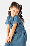 Kısa Kol Batı Cep Detaylı Yazlık Müslin Kız Çocuk Tshirt İndigo indg