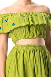 Lavinya Vual Lastik Detaylı Nakışlı Yazlık Crop Bluz Fıstık Yeşili fysl