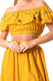 Lavinya Vual Lastik Detaylı Nakışlı Yazlık Crop Bluz Hardal Hrd
