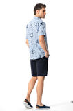 Kısa Kol Pamuklu Baskılı Erkek Yazlık Gömlek Buz Mavi Bmv