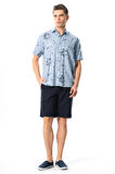 Kısa Kol Pamuklu Baskılı Erkek Yazlık Gömlek Buz Mavi Bmv