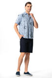 Kısa Kol Pamuklu Baskılı Erkek Yazlık Gömlek Buz Mavi Bmv