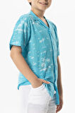 Kısa Kol Şile Bezi Baskılı Çocuk Yazlık Gömlek Turkuaz Trkz