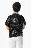 Kısa Kol Şile Bezi Baskılı Çocuk Yazlık Gömlek Siyah Syh