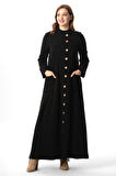 Uzun Kol Cennet Hakim Yaka Düğme Detaylı Sonbahar ve Kışlık Cepli Double Müslin Ferace Siyah Syh