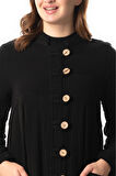 Uzun Kol Cennet Hakim Yaka Düğme Detaylı Sonbahar ve Kışlık Cepli Double Müslin Ferace Siyah Syh