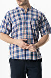 Kısa Kol Şile Bezi Tek Cepli Bisiklet Yaka Erkek Yazlık Gömlek Saks Ekose 3060