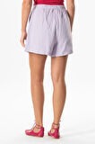 Lastik Detaylı Beli Bağcıklı Kısa Müslin Salaş Şort Lila Lila