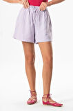 Lastik Detaylı Beli Bağcıklı Kısa Müslin Salaş Şort Lila Lila