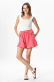 Lastik Detaylı Beli Bağcıklı Kısa Müslin Salaş Şort Pembe Pmb