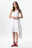 Askılı V Yaka Leyla Asimetrik Kesim Midi Boy Müslin Yazlık Elbise Beyaz Byz