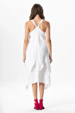 Askılı V Yaka Leyla Asimetrik Kesim Midi Boy Müslin Yazlık Elbise Beyaz Byz