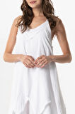 Askılı V Yaka Leyla Asimetrik Kesim Midi Boy Müslin Yazlık Elbise Beyaz Byz