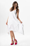 Askılı V Yaka Leyla Asimetrik Kesim Midi Boy Müslin Yazlık Elbise Beyaz Byz