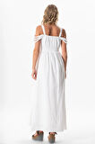 Askılı Kleopatra Kol Detaylı Uzun Müslin Yazlık Elbise Beyaz Byz