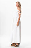 Askılı Kleopatra Kol Detaylı Uzun Müslin Yazlık Elbise Beyaz Byz