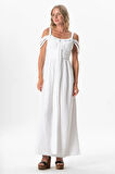 Askılı Kleopatra Kol Detaylı Uzun Müslin Yazlık Elbise Beyaz Byz
