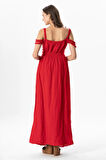 Askılı Kleopatra Kol Detaylı Uzun Müslin Yazlık Elbise Kırmızı Krmz