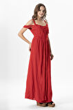 Askılı Kleopatra Kol Detaylı Uzun Müslin Yazlık Elbise Kırmızı Krmz