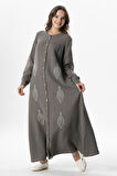 Uzun Kol Laçin Baskılı Müslin Mevsimlik Ferace Gri Gri
