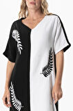 Yarım Kol V Yaka Yaprak Baskılı Uzun Müslin Yazlık Elbise Siyah/Beyaz Syh/Byz